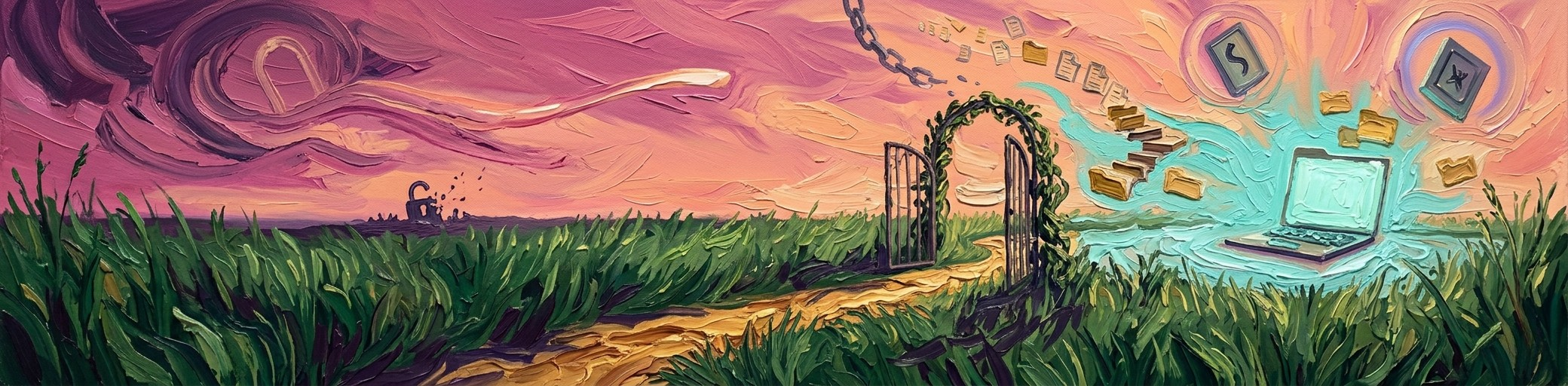 A golden path through meadow grass to an open gate, with a glowing private laptop and vault folder waiting beyond — download to your machine