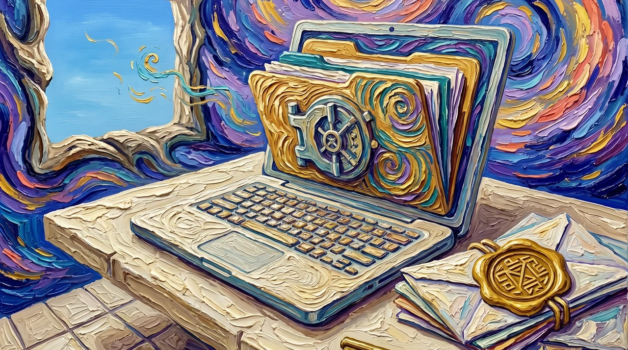 A native installer seal beside a glowing laptop-folder vault. The app lives on your machine, not in a cloud lobby