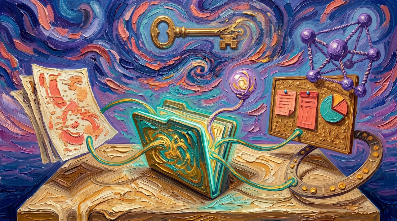 An open vault folder on a cream slab, notes, board, and graph orbiting on teal-gold threads. One local studio, every surface from the same library