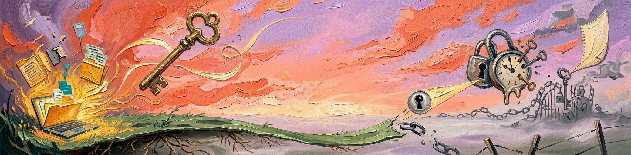 Liberation meadow at dawn — chains falling away, a laptop and vault folder glowing in the corner, symbolic keys and sail-pages in the sky, a chain-fortress dissolving on the horizon