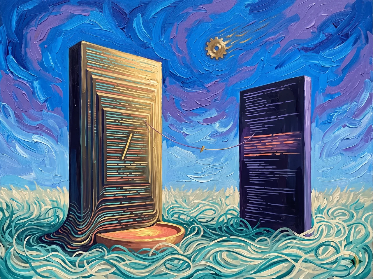 Two standing dark-glass editor slabs in honey light, unreadable hatch-mark source on their faces, a gold caret, a coral run-pool, a violet agent slab linked by a snippable thread